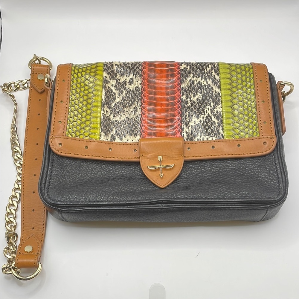 Pour La Victoire - Classic Crossbody Chain Purse Handbag Faux Snakeskin - Brown